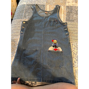 Vintage 90s Looney Tunes Denim Jumper Dress Tweety Sylvester Embroidered dress
